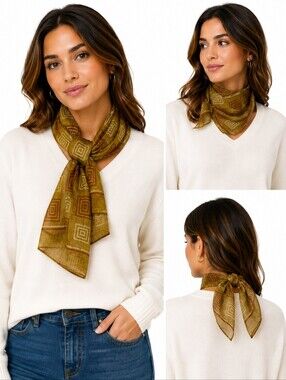 Elaine Gold Sheer Scarf Olive Brown Geometric Square Spiral Print Oblong Wrap